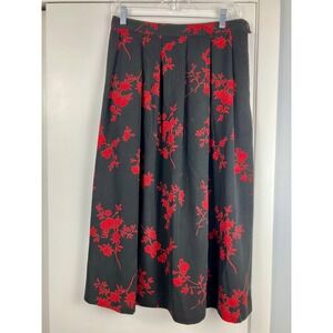 Vintage KORET PETITES Black Red Floral Pleated Midi Skirt Size 16